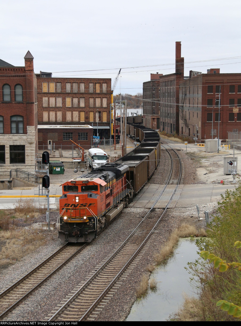 With the rear of the train still stretched out across the Mississippi, E-PCTBTM rolls through Burlington